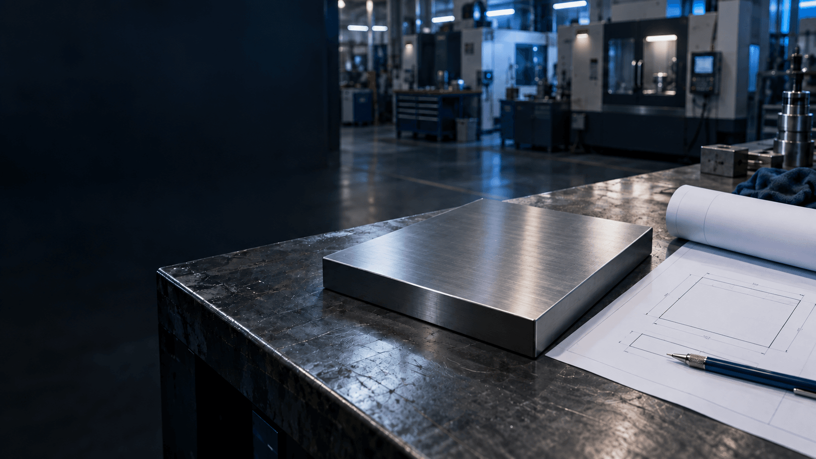 A plain flat steel plate beside a dimension drawing and pencil on an engineering workbench