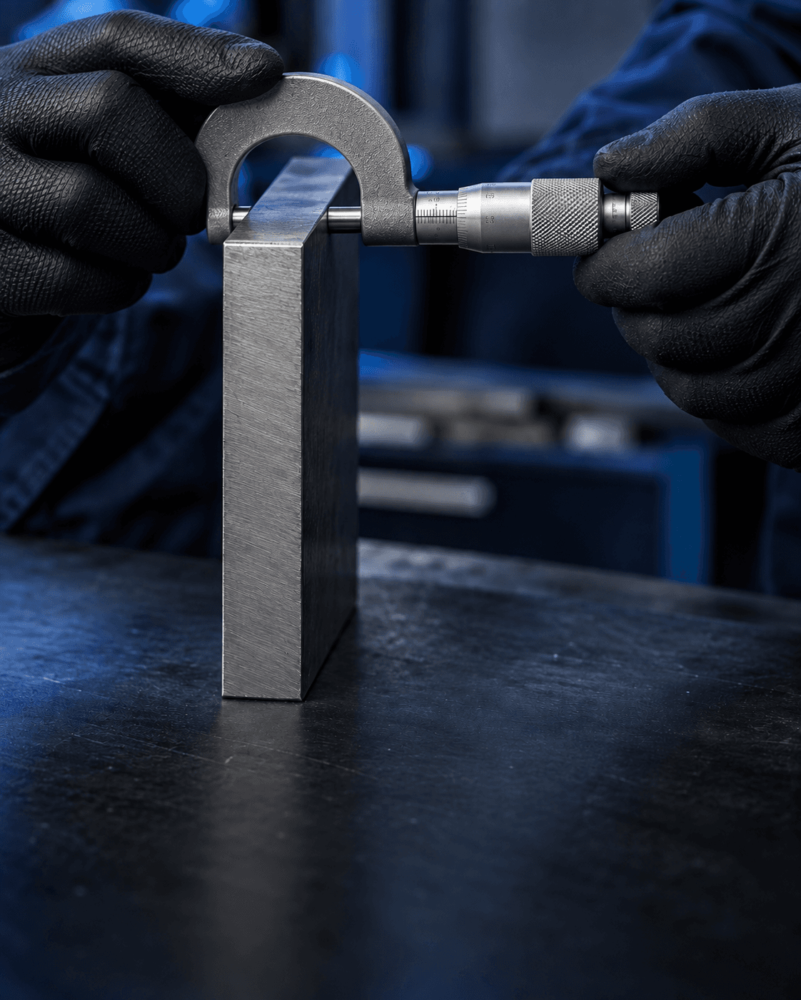 Gloved hands holding a micrometer above a plain steel plate to measure its thickness at the top edge