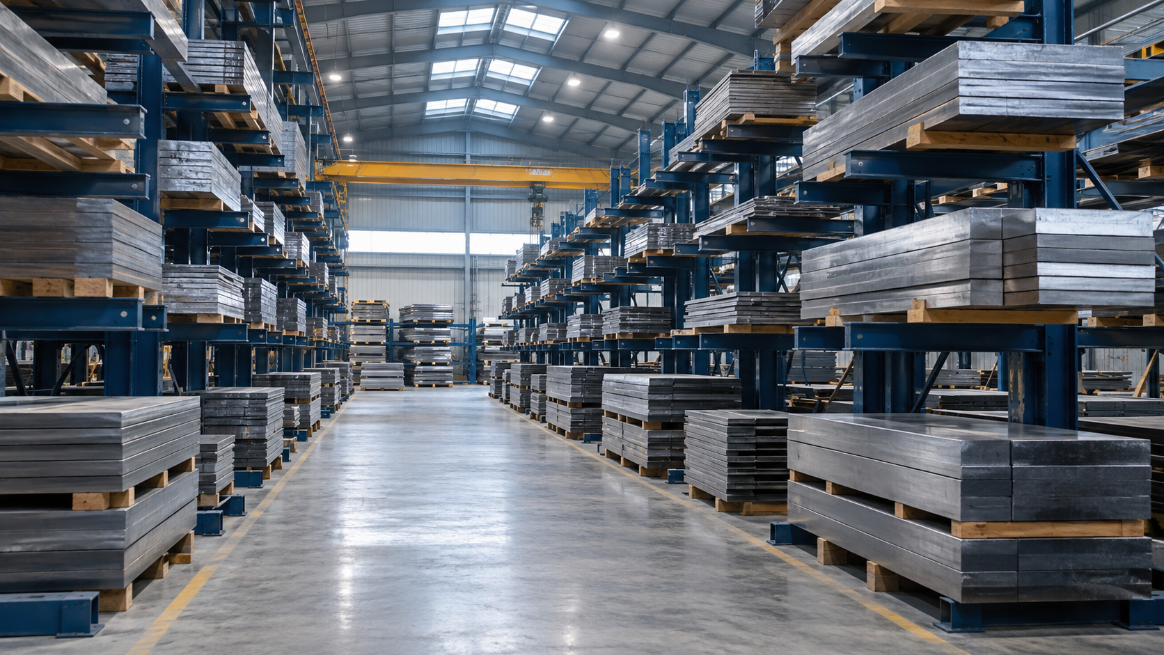 Stacks of finished steel plates stored on warehouse racks